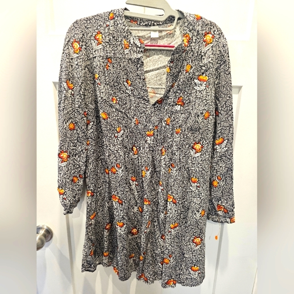 Old Navy XS Floral Tunic Dress Top | Grey Rayon Boho Peasant Dress Blouse